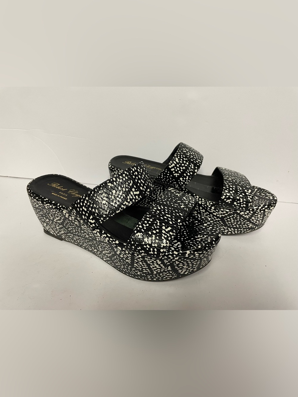 Robert Clergerie Frazzia Black and White platform Wedge Slide Sandals 40